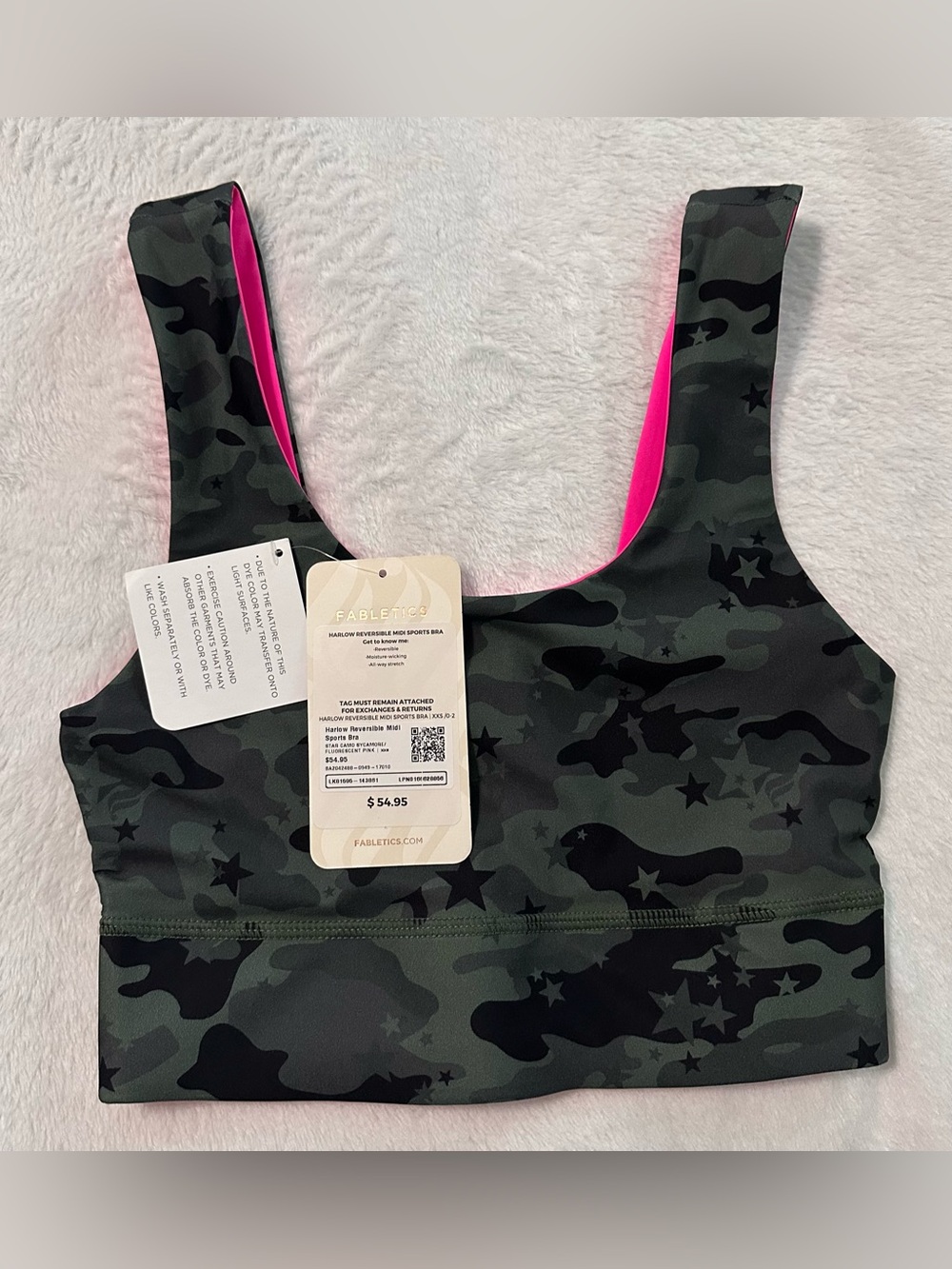 NWT Fabletics Harlow Reversible Midi Sports Bra XXS Camo Pink Medium Support